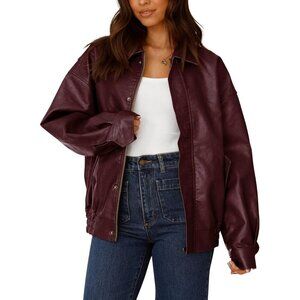 Women's Wine Red Faux Leather Motorcycle Jacket Trendy Fall Spring Clothe Zip Up